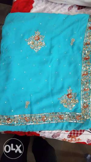 Women's Teal And Brown Floral Print Sari Dress