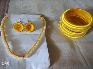 Yellow Bangle Bracelets And Pair Of Silk Thread Jhumkas