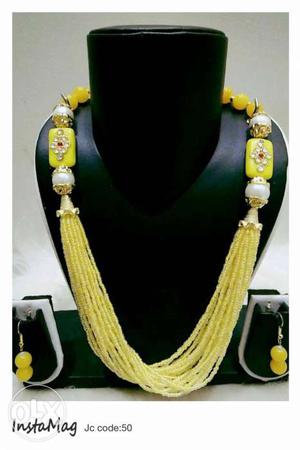 Yellow Beaded Chunky Necklace And Dangle Earrings Set