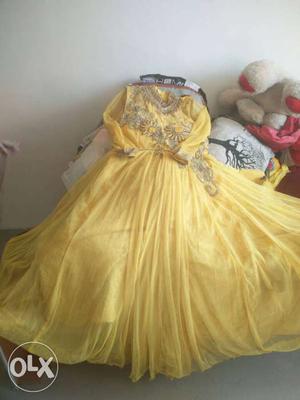 Yellow Long-sleeve Sheer Overlay Gown one time use dark