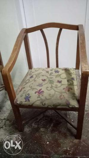 2 Brown Wooden Framed Beige Floral Padded Armchair