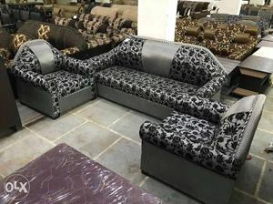 3-piece Black-and-gray Floral Fabric Sofa Set