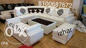 3-piece White Padded Leather Sofa With With Center Table