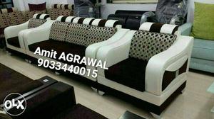 Black, White, And Brown Fabric Sofa With Two Sofa Chairs