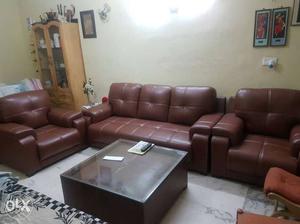 Brown Leather Sofa Set With Coffee Table
