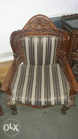 Brown Wooden Base Gray Striped-padded Armchair