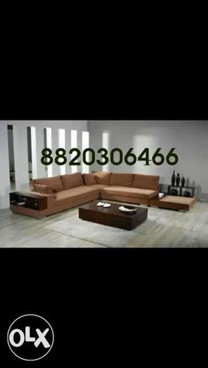 Brown Wooden Base With Brown Fabric Padded Corner Sofa