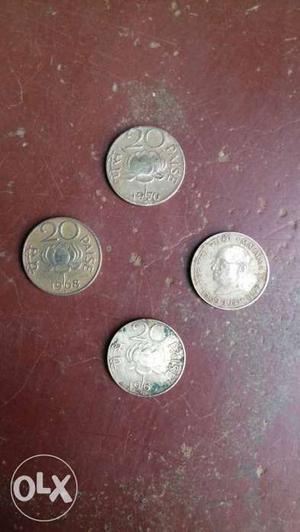 Four Silver 20 Paise Coins