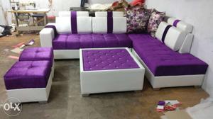 Purple And White Sectional sofa set with two Ottoman and