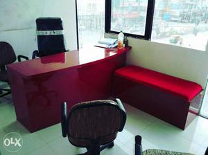 Red Wooden Desk With Black Rolling Table