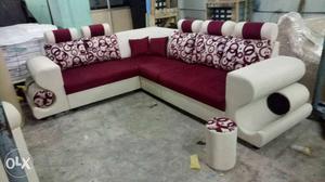 White And Red Fabric Corner Sofa