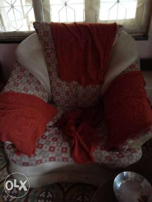 White And Red Fabric Padded Sofa Chair