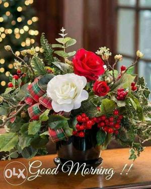White And Red Roses With Red Mistletoe Centerpiece