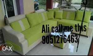 White Leather Framed With Green Padded Sectional Sofa With