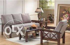 2-piece Gray Suede Sofa Set And Brown Wooden Ottoman