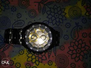 Black And Gold Chronograph Watch With Black Link