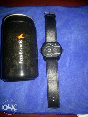 Black Fastrack Watch With Leather Strap And Case