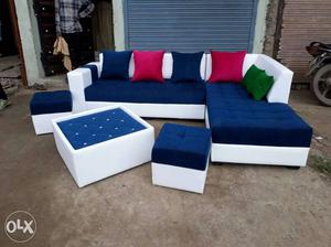 Blue And White Fabric Sectional Sofa And Ottoman Set