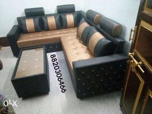 Brown-and-black Corner Sofa With Ottoman