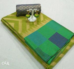 Green Jhumka Earrings And Yellow-blue-green Dupatta Shawl