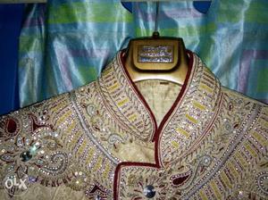 Men's Brow, Red And Yellow Floral Sherwani