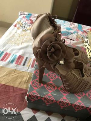 Pair Of Brown Platform Floral Accent Heeled Shoes