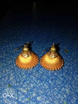 Pair Of Gold-colored Silk Thread Jhumka Earrings