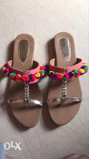 Pair Of Pink And Gray Leather Flat Sandals