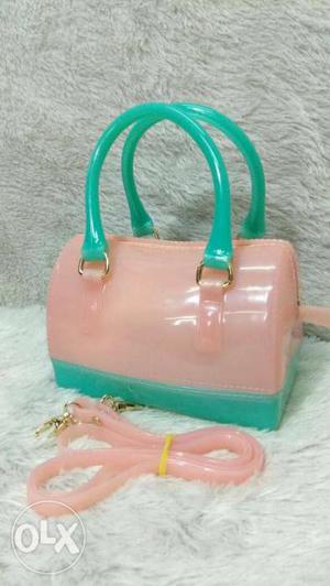 Pink And Green Patent Leather Two-way Handbag