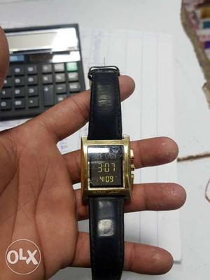 Rectangular Black Digital Watch With Leather Strap