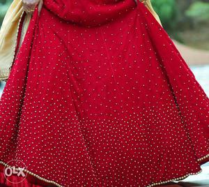 Red And Beige Embellished Skirt