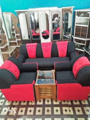 Red-and-black Fabric 3-piece Sofa Set