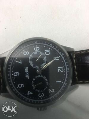 Round Black Case Esprit Chronograph Watch With Black Leather