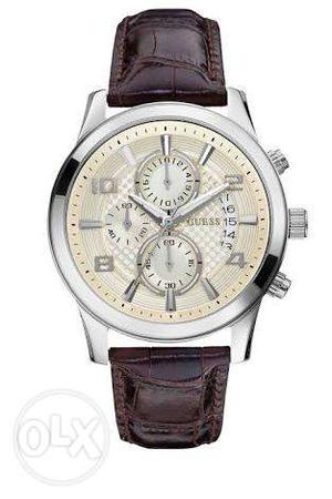 Silver Bezel Guess Chronograph Watch With Brown Leather