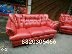 Tufted Red Leather 3-seat Sofa
