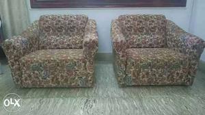 Two Brown And Grey Floral Fabric Sofa Chairs