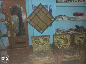 Two Wooden Frame Sofa chairs with 1 wooden dressing table