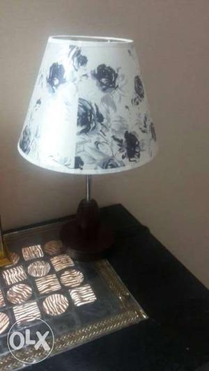 White And Black Floral Shade With Black Base Table Lamp