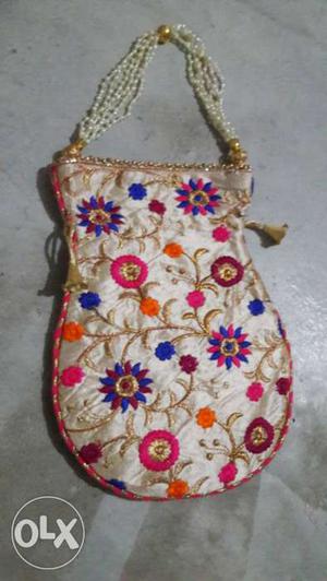 White, Pink And Blue Floral Embroidered Handbag