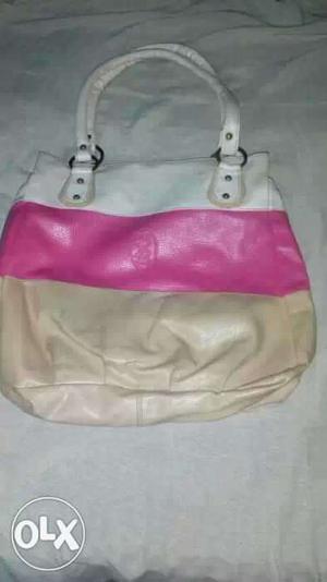 White, Pink, And Brown Striped Leather Tote Bag