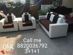 White-and-brown Suede Padded Sofa And Sofa Chairs Set