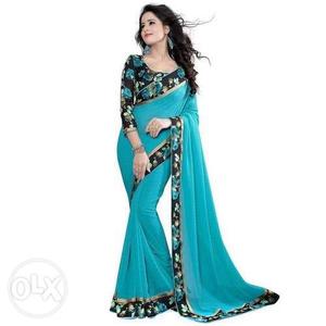 Women's Blue And Black Sari