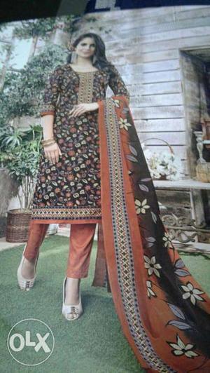 Women's Brown And Red Floral Salwar Kameez