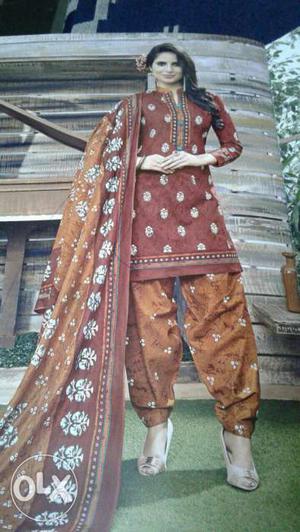 Women's Brown And White Floral Traditional Dress