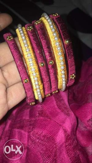 Women's Pink And Gold Silk Thread Bangles