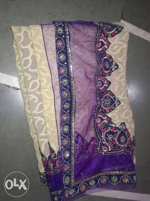 Women's White And Purple Sari