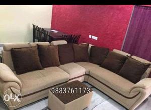 Beige Padded Corner Sofa With Brown Padded Ottoman