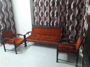 Black Metal Framed saffron / Orange Fabric Padded Sofa Set