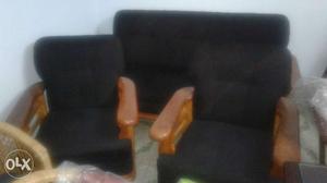 Brown Wood-framed Black Suede 3-piece Sofa Set