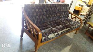 Brown Wooden Framed Black Padded Three Seat Bench